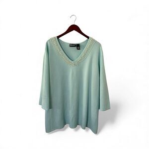 Maggie Barnes Pearl Collar Sweater Women's 3X/26-28 Pale Blue Knit Relaxed Top